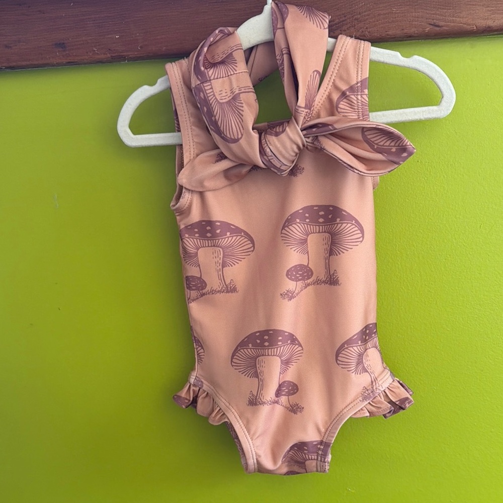 Kate Quinn Mushroom Print One-Piece Swimsuit With Bow Headband